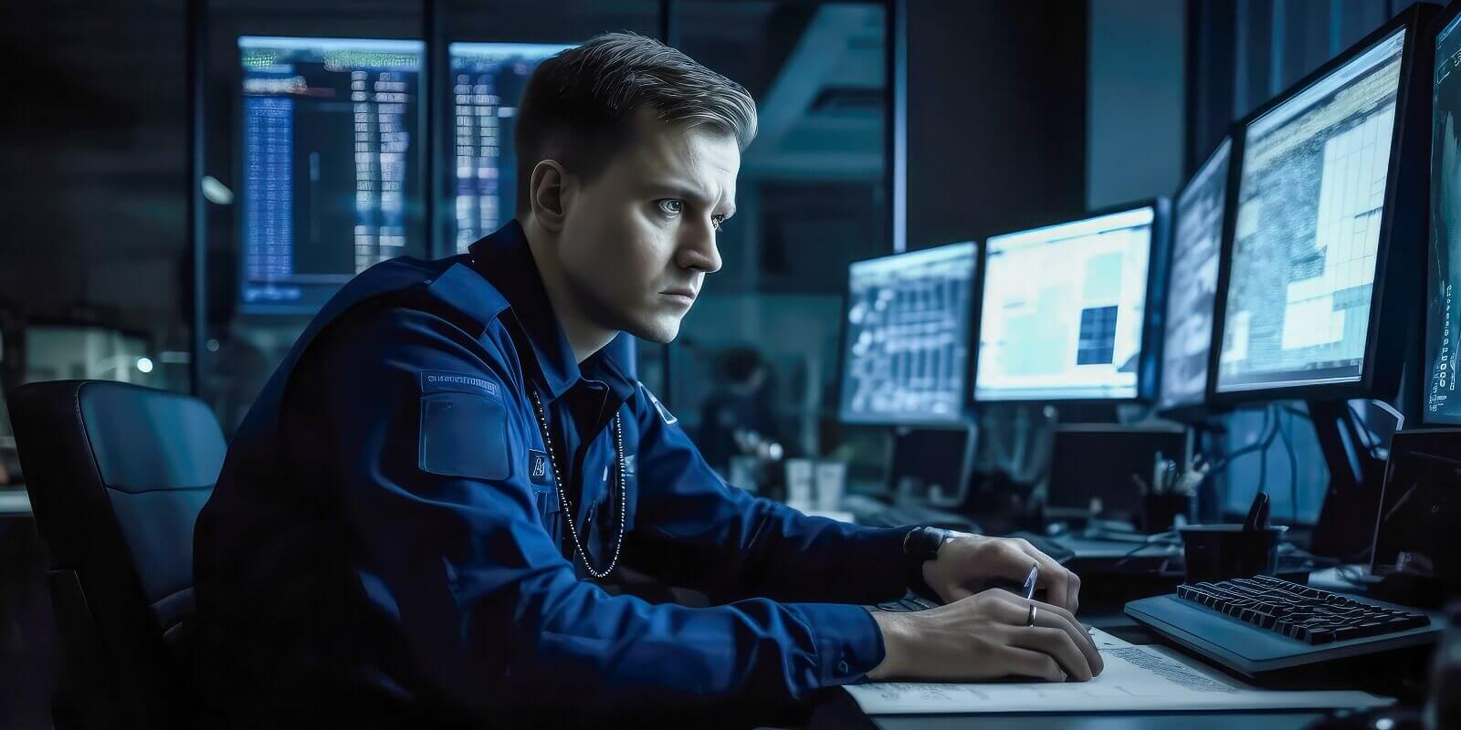 policeman entering personal data of suspect into computer database