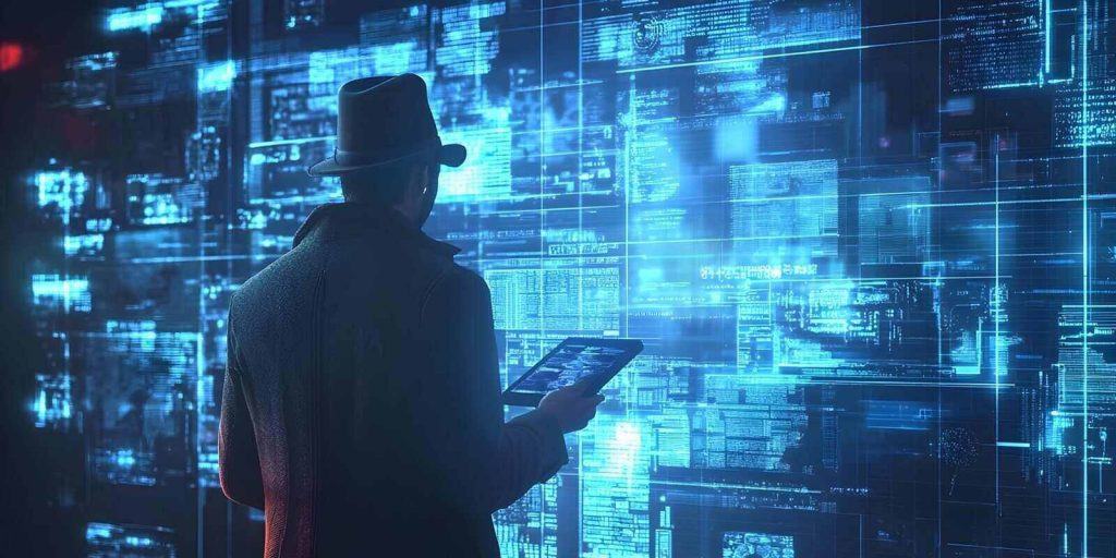 Detective Analyzing Holographic Crime Scene Data Through 3D Recreation to Gather Evidence and Clues