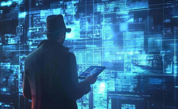 Detective Analyzing Holographic Crime Scene Data Through 3D Recreation to Gather Evidence and Clues