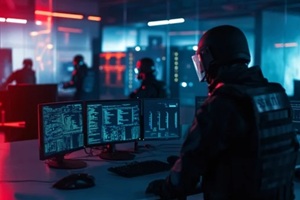 SWAT soldiers team in command center. Special forces in cyber war