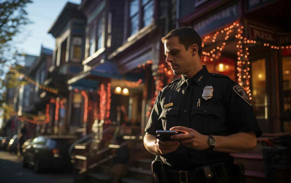 Police officer standing in front of building looking at cell phone.