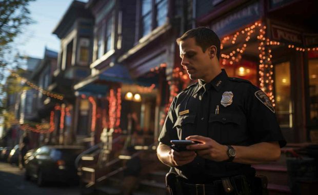 Police officer standing in front of building looking at cell phone.
